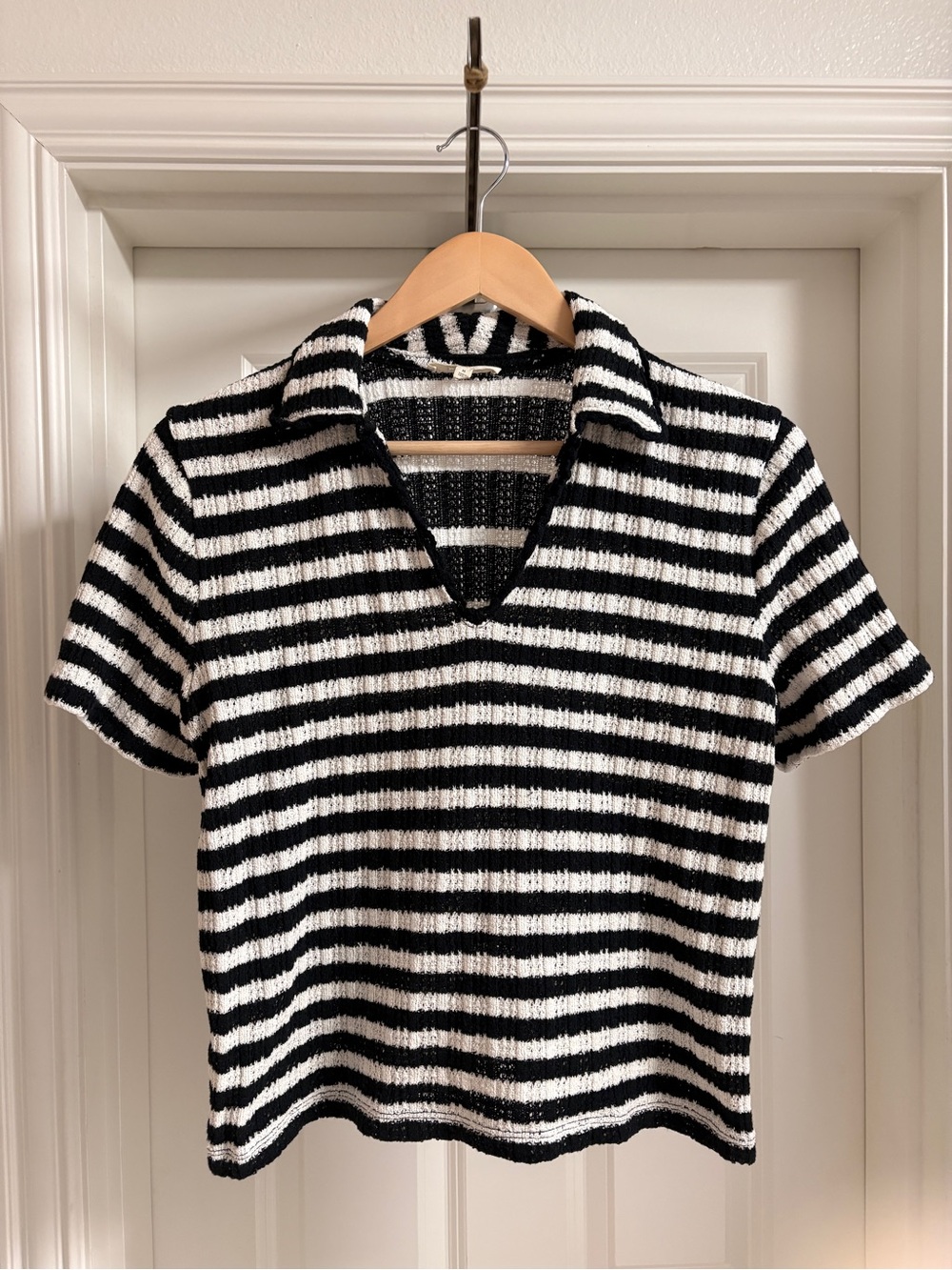 Madewell Crochet Stripe Polo Top | M | Black & White